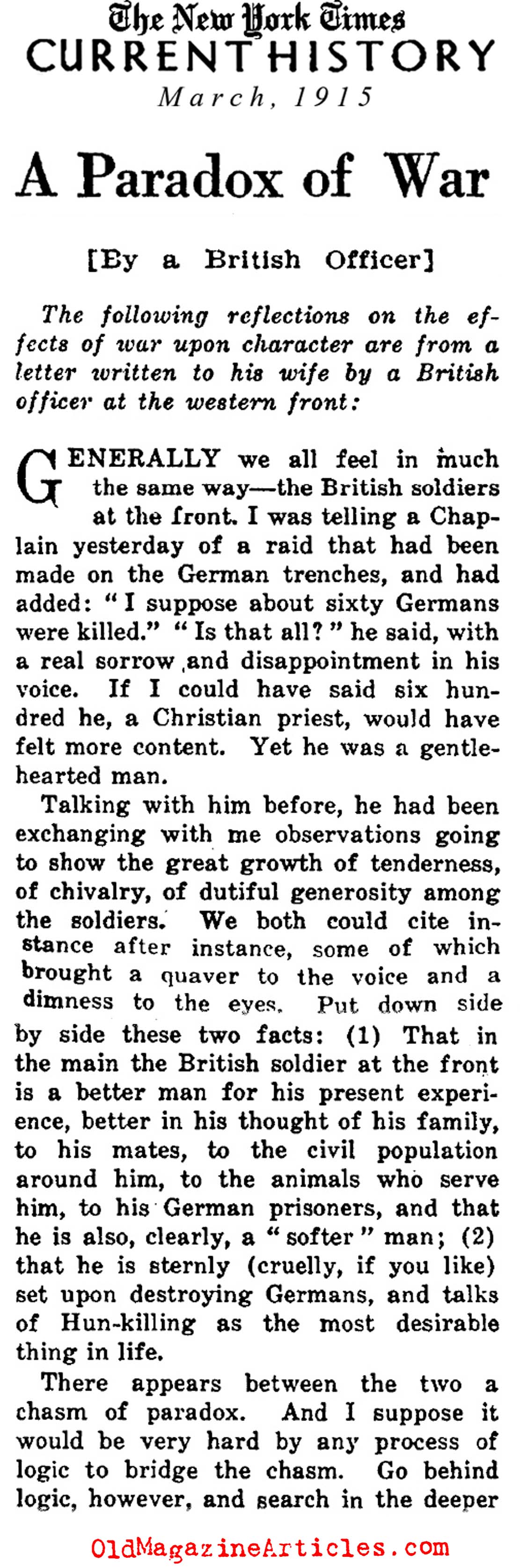 The Effects of War on Character (NY Times, 1915)